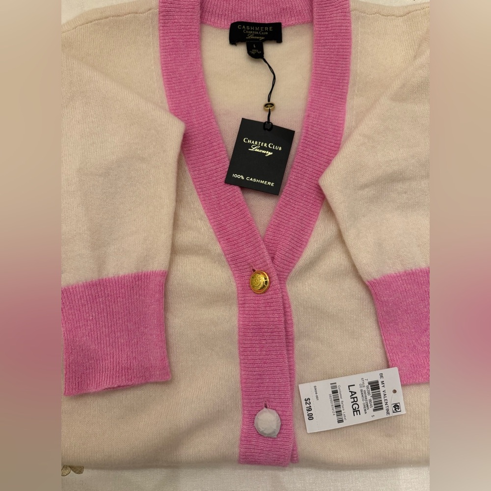 Charter Club White Cardigan with Pink Trim - Picture 8 of 9